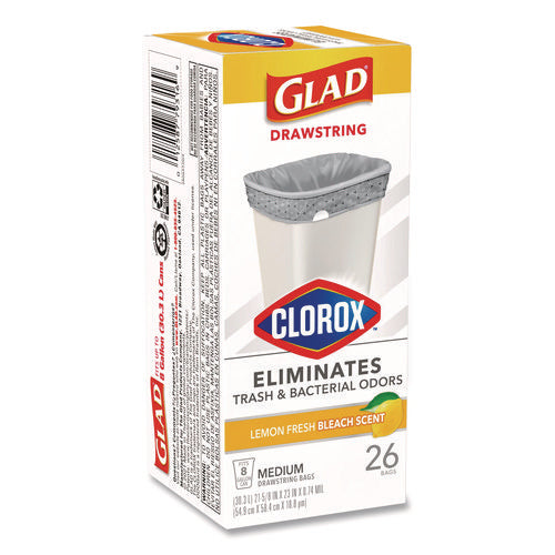 Medium Drawstring Trash Bags With Clorox, 8 Gal, Lemon Fresh Bleach Scent, 0.74 Mil, 23" X 21.63", Gray, 26/box