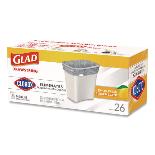 Medium Drawstring Trash Bags With Clorox, 8 Gal, Lemon Fresh Bleach Scent, 0.74 Mil, 23" X 21.63", Gray, 26/box