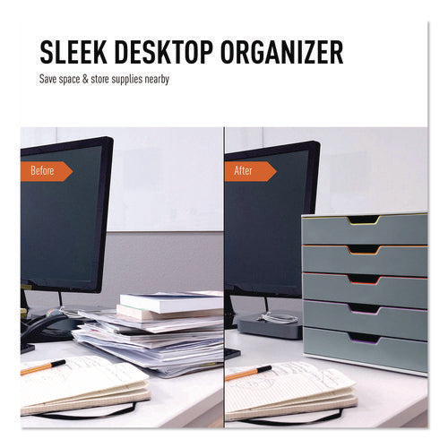 Varicolor Stackable Plastic Drawer Box, 5 Drawers, Letter To Folio Size Files, 11.5" X 14" X 11", Gray