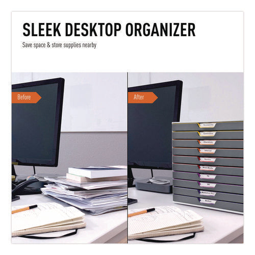 Varicolor Stackable Plastic Drawer Box, 10 Drawers, Letter To Folio Size Files, 11" X 14" X 11.5", Gray