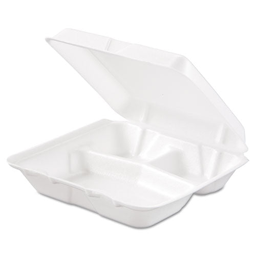 Foam Hinged Lid Containers, 3 Compartments, 7.5 X 8 X 2.3, White, 200/carton