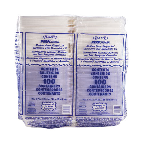 Foam Hinged Lid Containers, 8.38 X 7.78 X 3.25, White, 200/carton