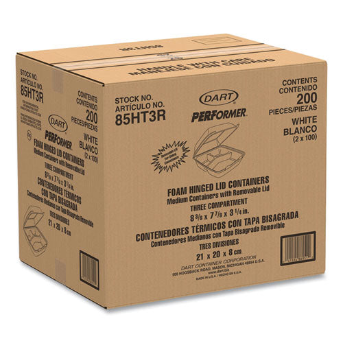 Foam Hinged Lid Containers, 3 Compartments, 8.38 X 7.78 X 3.25, 200/carton