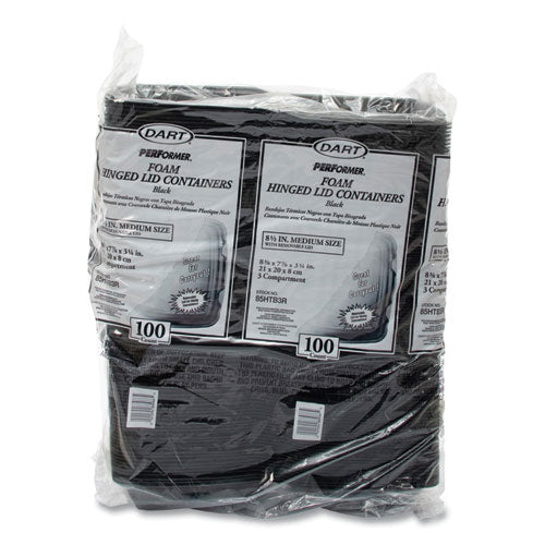 Insulated Foam Hinged Lid Containers, 3 Compartments, 7.96 X 3.2 X 8.36, Black, 200/carton
