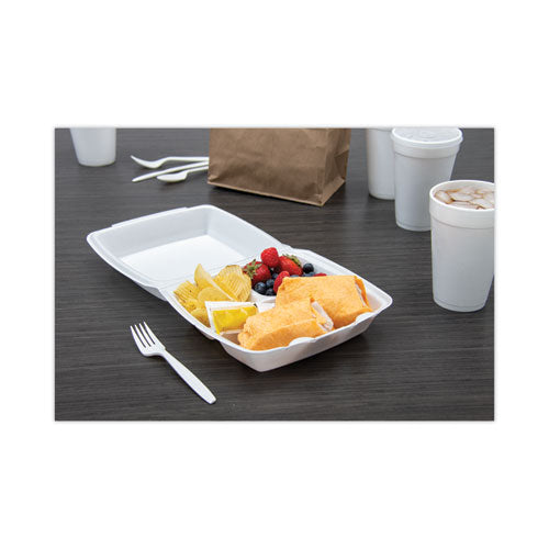 Foam Hinged Lid Container, 3 Compartments, 8 Oz, 9 X 9.4 X 3, White, 100/sleeve, 2 Sleeves/carton