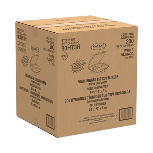 Foam Hinged Lid Container, 3 Compartments, 8 Oz, 9 X 9.4 X 3, White, 100/sleeve, 2 Sleeves/carton