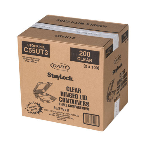 Staylock Clear Hinged Lid Containers, 3 Compartments, 8.6 X 9 X 3, Clear, Plastic, 100/packs, 2 Packs/carton