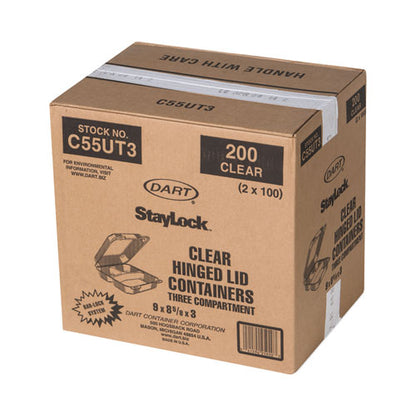 Staylock Clear Hinged Lid Containers, 3 Compartments, 8.6 X 9 X 3, Clear, Plastic, 100/packs, 2 Packs/carton