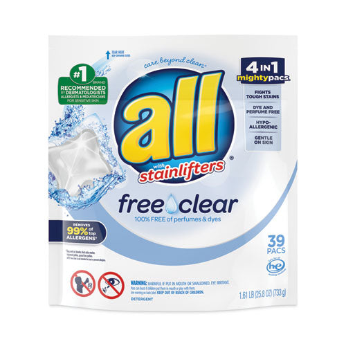 Mighty Pacs Free Clear Super Concentrated He Laundry Detergent, 39/pack, 6 Packs/carton