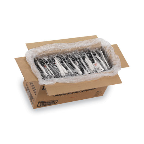 Wrapped Tableware/napkin Packets, Mediumweight, Fork/knife/napkin/spoon, Plastic, Black, 250/carton