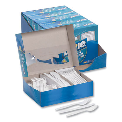 Combo Pack, Tray With White Plastic Utensils, Heavyweight, Fork/knife/spoon, 168/pack, 6 Packs/carton