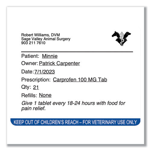 Veterinary Prescription Labels For Labelwriter Label Printers, 2.12 X 2.75, Black/white, 400 Labels/roll, 6 Rolls/pack