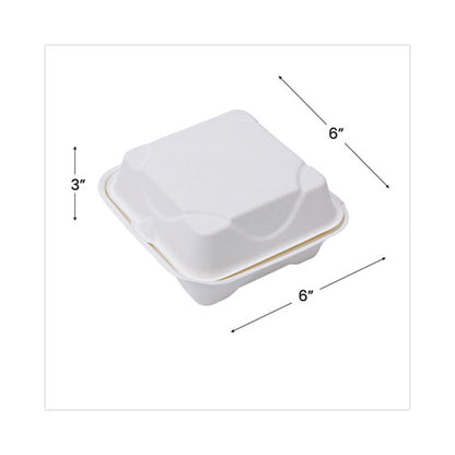 Molded Fiber Hinged Clamshell Containers, 6 X 6 X 3, White, Sugarcane, 50/pack, 10 Packs/carton
