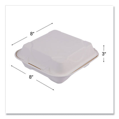 Vanguard Renewable And Compostable Sugarcane Clamshells, 8 X 8 X 3, White, 200/carton