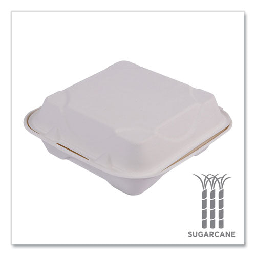 Vanguard Renewable And Compostable Sugarcane Clamshells, 8 X 8 X 3, White, 200/carton