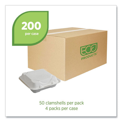 Vanguard Renewable And Compostable Sugarcane Clamshells, 9 X 9 X 3, White, 200/carton