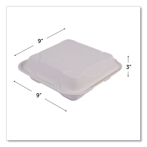 Vanguard Renewable And Compostable Sugarcane Clamshells, 3 Compartments, 9 X 9 X 3, White, 200/carton