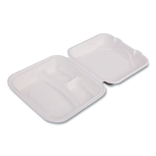 Vanguard Renewable And Compostable Sugarcane Clamshells, 3 Compartments, 9 X 9 X 3, White, 200/carton