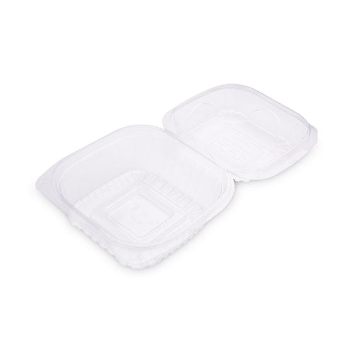 Renewable And Compostable Clear Clamshell Hinged Food Containers, 6 X 6 X 3, Plastic, 80/pack, 3 Packs/carton