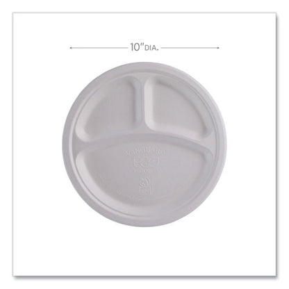 Vanguard Renewable And Compostable Sugarcane Plates, 3-compartment Plate, 10" Dia, White, 500/carton