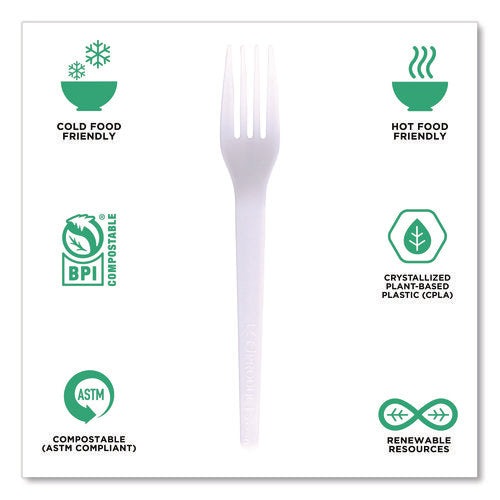Plantware Cpla Cutlery, Individually Wrapped, Fork, Plastic, White, 1,000/carton