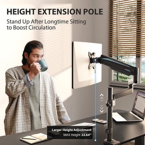 Single Monitor Arm, For 32" Monitors, 90 Deg Rotation, 35 Deg Tilt, 360 Deg Pan, Black, Supports 17.6 Lbs