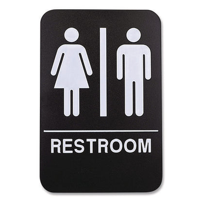 Indoor/outdoor Restroom With Braille Text, 6" X 9", Black Face, White Graphics, 3/pack