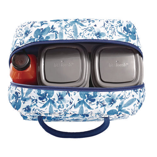 Simplified Lunch Bag With 4 Food Containers, 9 X 6 X 10, Blue Floral