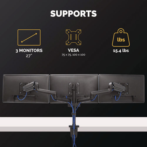 Platinum Series Triple Monitor Arm For 27" Monitors, 360 Deg Rotation, +85/-20 Deg Tilt, 360 Deg Pan, Black, Supports 20 Lb
