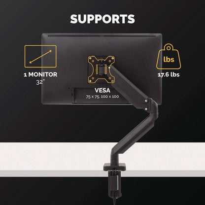 Platinum Series Single Monitor Arm, For 40" Monitors, 360 Deg Rotation, 45 Deg Tilt, 180 Deg Pan, Black, Supports 17.6 Lb