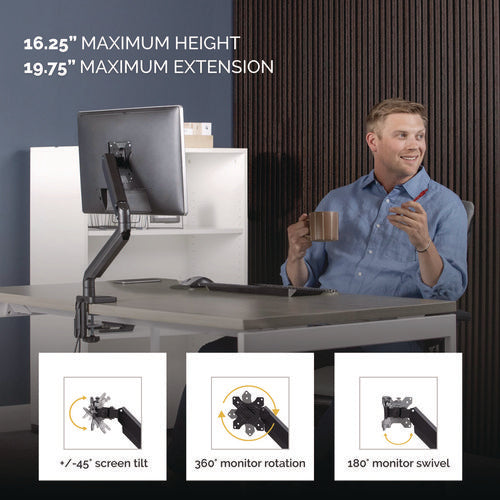 Platinum Series Single Monitor Arm, For 40" Monitors, 360 Deg Rotation, 45 Deg Tilt, 180 Deg Pan, Black, Supports 17.6 Lb