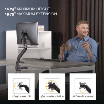 Platinum Series Single Monitor Arm, For 40" Monitors, 360 Deg Rotation, 45 Deg Tilt, 180 Deg Pan, Black, Supports 17.6 Lb