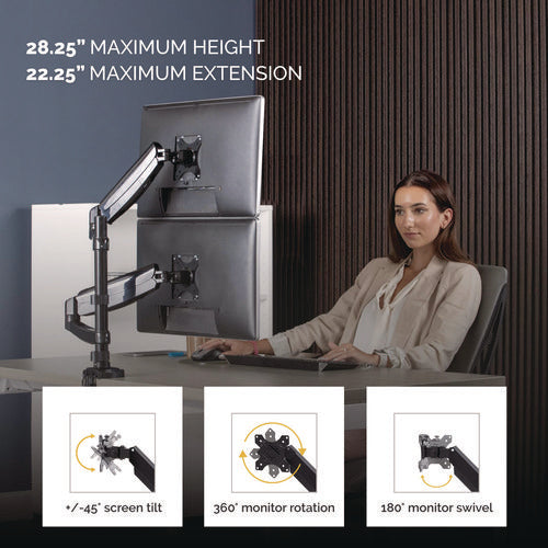 Platinum Series Dual Stacking Arm For 27" Monitors, 360 Deg Rotation, 180 Deg Tilt, 360 Deg Pan, Black, Supports 22 Lb