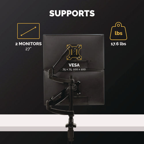 Platinum Series Dual Stacking Arm For 27" Monitors, 360 Deg Rotation, 180 Deg Tilt, 360 Deg Pan, Black, Supports 22 Lb