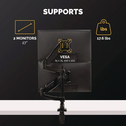 Platinum Series Dual Stacking Arm For 27" Monitors, 360 Deg Rotation, 180 Deg Tilt, 360 Deg Pan, Black, Supports 22 Lb