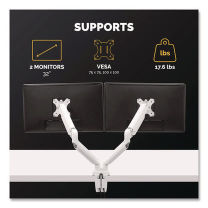 Platinum Series Dual Monitor Arm, For 40" Monitors, 360 Deg Rotation, 45 Deg Tilt, 180 Deg Pan, White, Supports 17.6 Lb