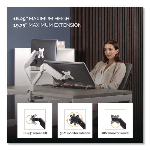 Platinum Series Dual Monitor Arm, For 40" Monitors, 360 Deg Rotation, 45 Deg Tilt, 180 Deg Pan, White, Supports 17.6 Lb