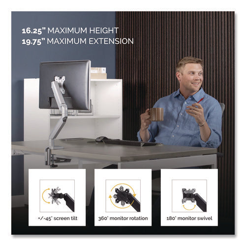 Platinum Series Single Monitor Arm, For 40" Monitors, 360 Deg Rotation, 45 Deg Tilt, 180 Deg Pan, Silver, Supports 20 Lb