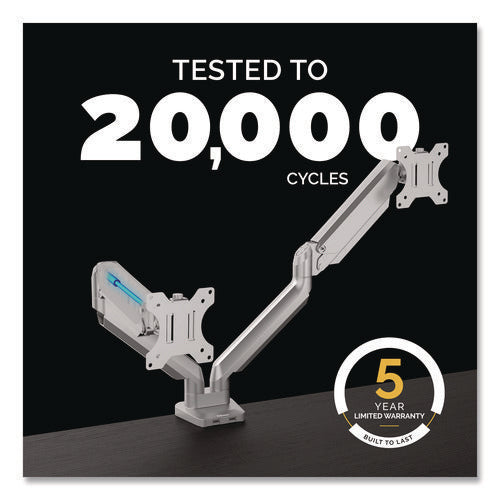 Platinum Series Dual Monitor Arm, For 40" Monitors, 360 Deg Rotation, 45 Deg Tilt, 180 Deg Pan, Silver, Supports 17.6 Lb