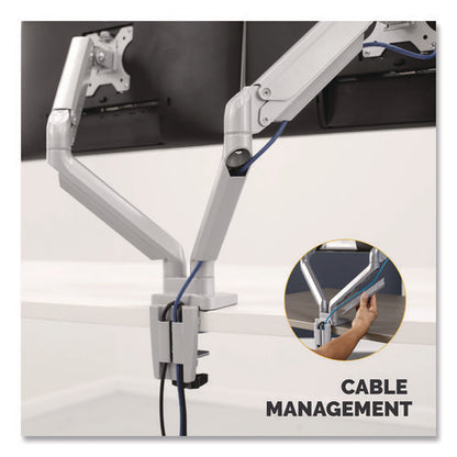 Platinum Series Dual Monitor Arm, For 40" Monitors, 360 Deg Rotation, 45 Deg Tilt, 180 Deg Pan, Silver, Supports 17.6 Lb