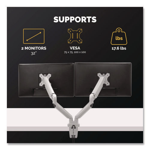 Platinum Series Dual Monitor Arm, For 40" Monitors, 360 Deg Rotation, 45 Deg Tilt, 180 Deg Pan, Silver, Supports 17.6 Lb