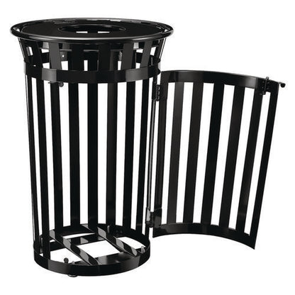 Outdoor Slatted Steel Trash Can, With Access Door, 36 Gal, Steel Black