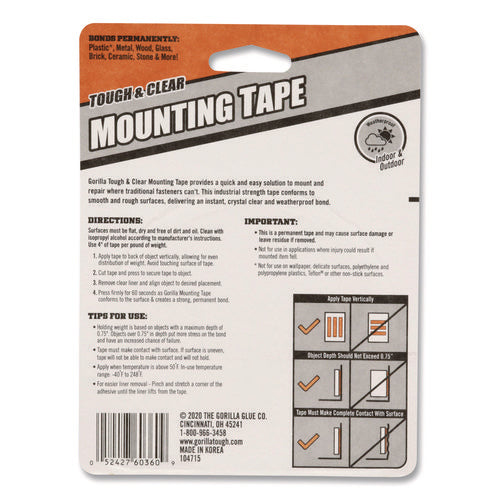 Tough And Clear Double-sided Mounting Tape, Permanent, Holds Up To 0.25 Lb Per Inch, 1" X 12.5 Ft, Clear