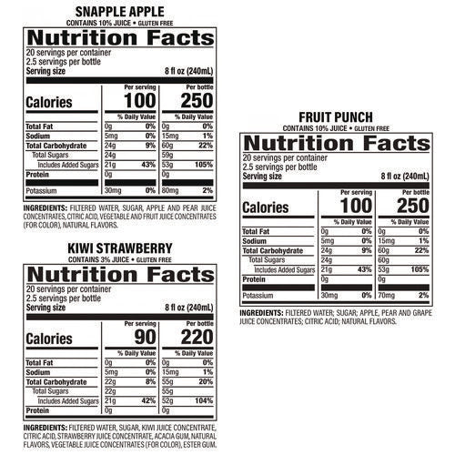 Juice Drink Variety Pack, Snapple Apple, Fruit Punch, Kiwi Strawberry, 20 Oz Bottle, 24/carton