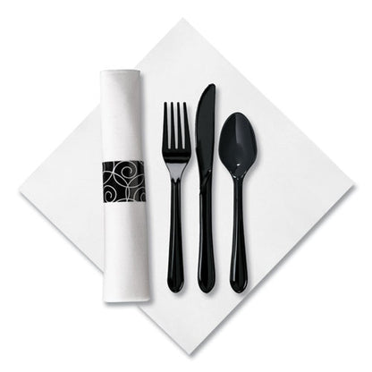 Caterwrap Heavyweight Cutlery Combo Kit, Fork/knife/napkin/spoon, Plastic, Black, 100/carton