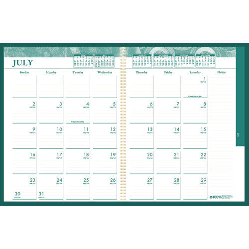 100% Recycled Monobright Monthly/weekly Planner, 11 X 8.5, Green/gold Cover, 12-month (july To June): 2025 To 2026