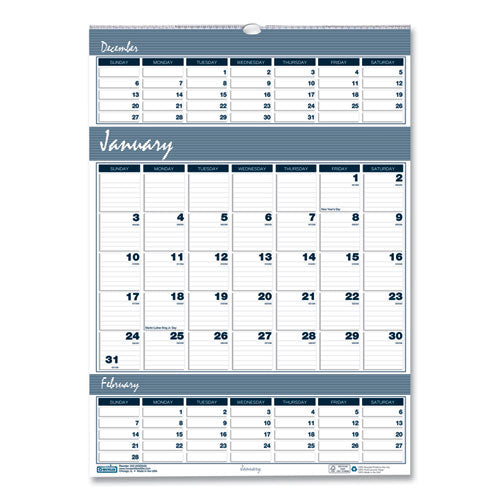 Bar Harbor Recycled Wirebound 3-months-per-page Wall Calendar, 12 X 17, White/blue/gray, 14-month: Dec 2025 To Jan 2027