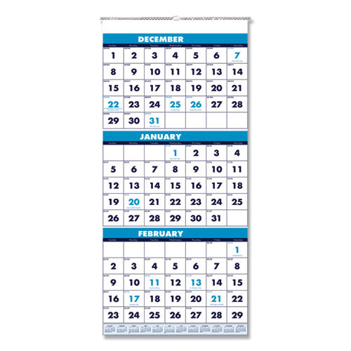 Recycled Three-month Format Wall Calendar, Vertical Orientation, 12.25 X 26, White Sheets, 14-month: Dec 2025 To Jan 2027