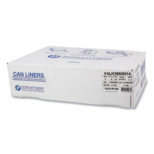 High-density Commercial Can Liner Value Pack, 60 Gal, 12 Mic, 38" X 58", Clear, Interleaved Roll, 25 Bags/roll, 8 Rolls/ct