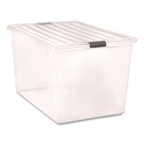 132 Qt. Latch Lid Storage Box, 20.9" X 28.8" X 17.8", Clear/black